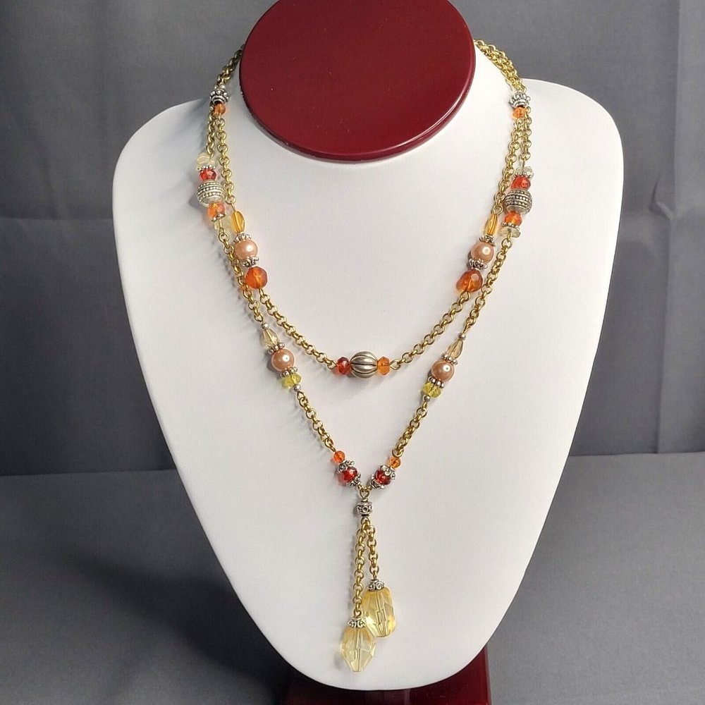 Avon Signed Double Strand Gold Tone Chain Mixed Beads Lariat Necklace 18 in